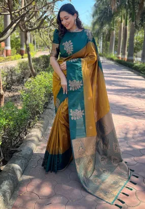 Demesne Mustard Soft Silk Saree With Forbearance Blouse Piece