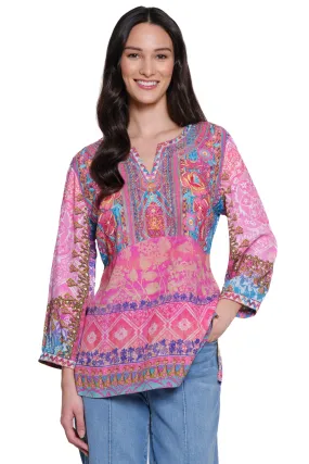 Embroidered Mixed Print Tunic - Pink Print