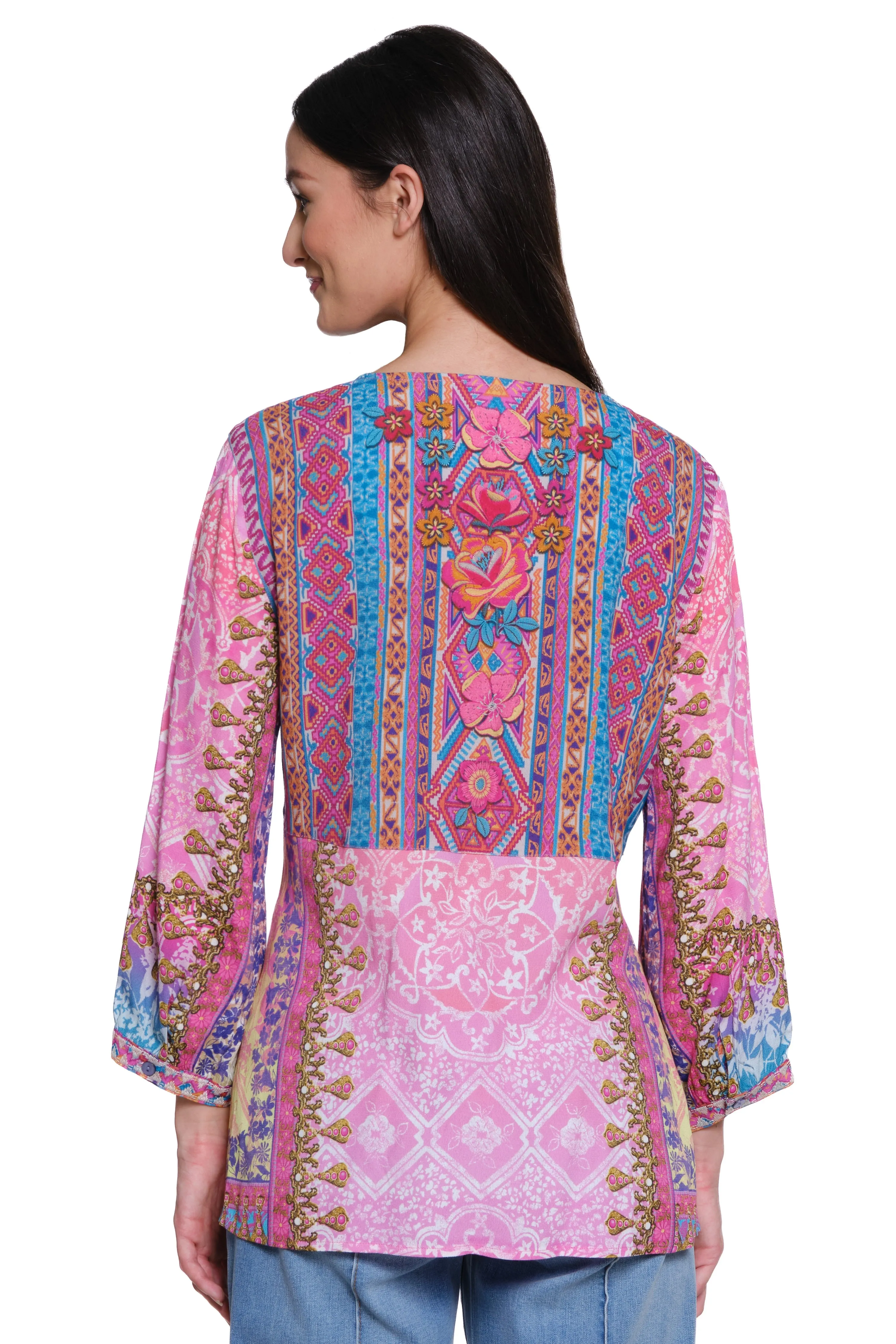Embroidered Mixed Print Tunic - Pink Print