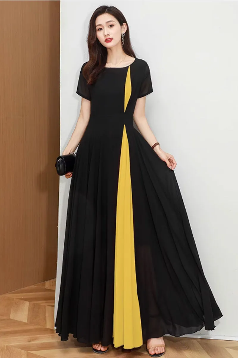 Fit and flare block color chiffon dress 4465