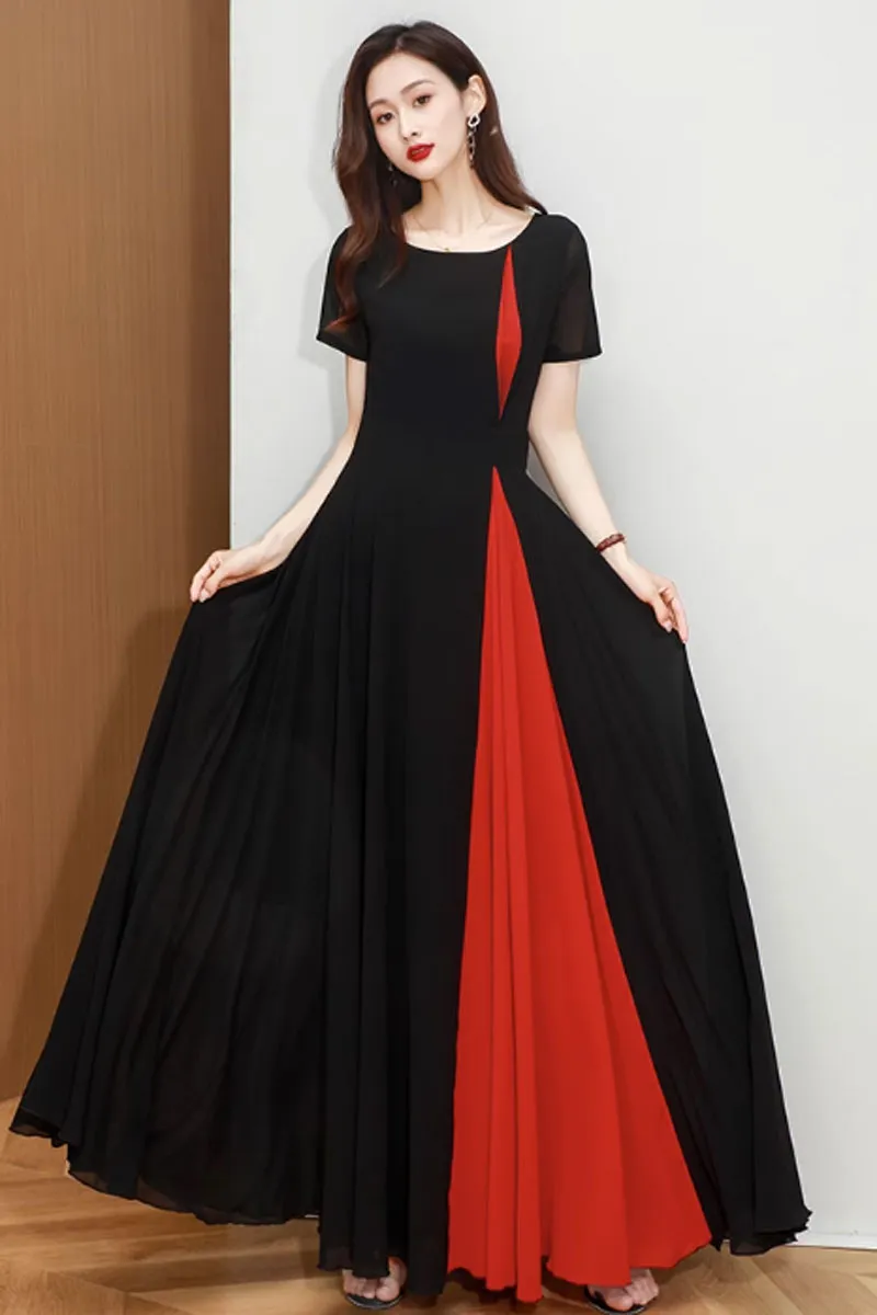 Fit and flare block color chiffon dress 4465