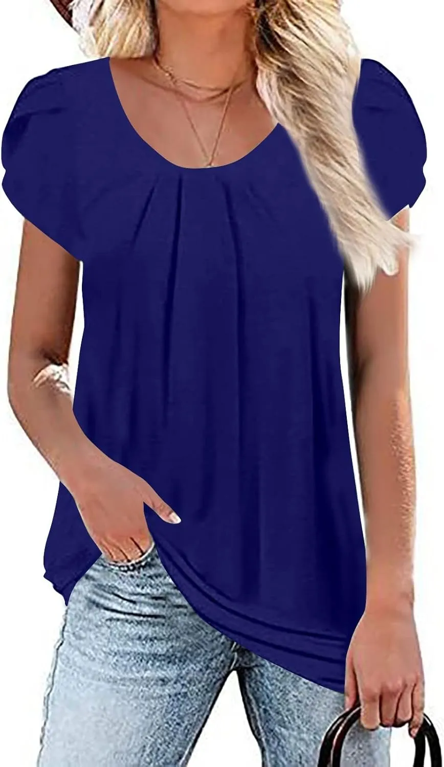 FlekmanArt Blouses for Women Fashion 2025 Summer Round Neck Petal Sleeve Breathable Tops Floral Printing Hide Belly T Shirts