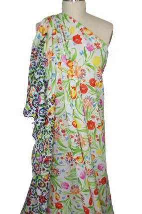 Floral/Eyelet Border Cotton Lawn - Multi on White