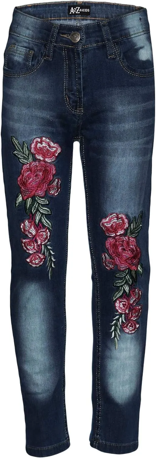 Girls Jeans Stretchy Roses Embroidered Denim Pants - Girls Jeans JN26 Dark Blue 9-10