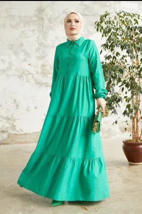 Green Modest Long Collar Tiered Dress for Women | Stylish and Comfortable