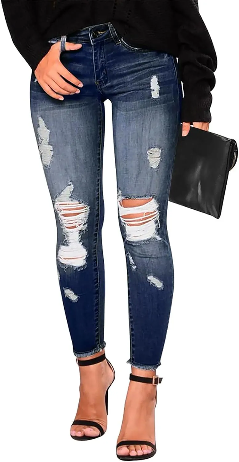 Gumipy Ripped Jeans Womens Skinny Distressed Stretchy Jeans Trendy Button Up High Waisted Jeans Curvy Jeans with Pockets