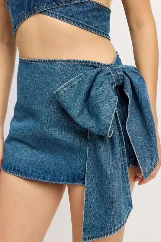 Hot Girl Demi Couture Bow Detail Denim Mini Skirt