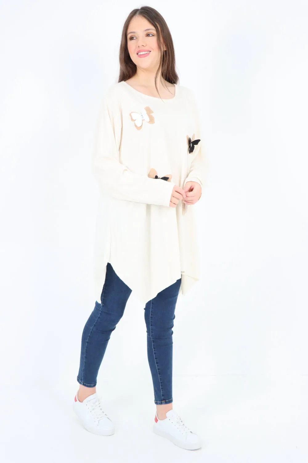 Italian 3D Butterfly Print Soft Knit Tunic Top
