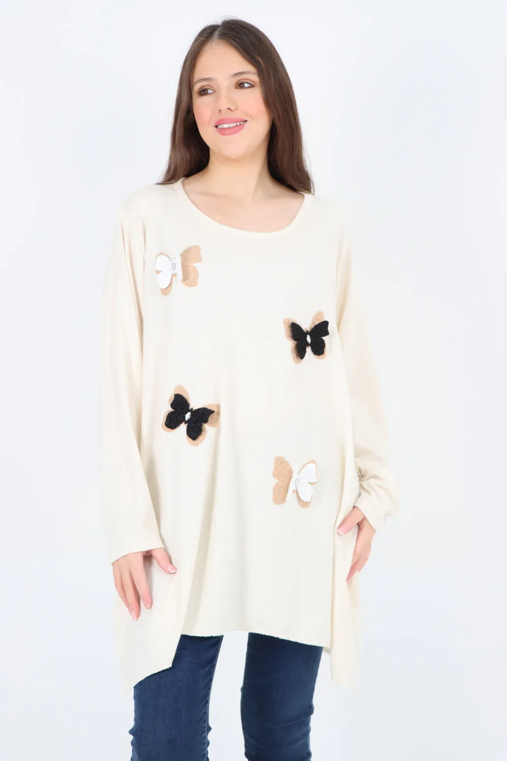 Italian 3D Butterfly Print Soft Knit Tunic Top