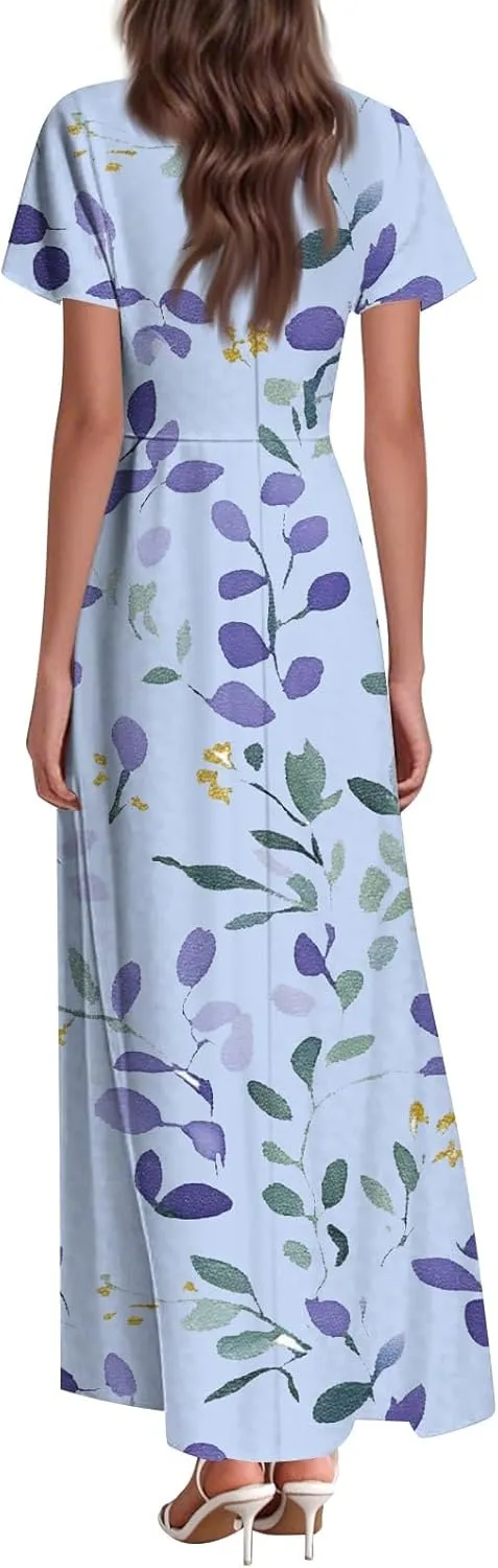 JJHAEVDY Summer Dresses for Women Loose Short Sleeve Dress V Neck Casual Maxi Dress Print Flowy Swing Beach Vacation Dress