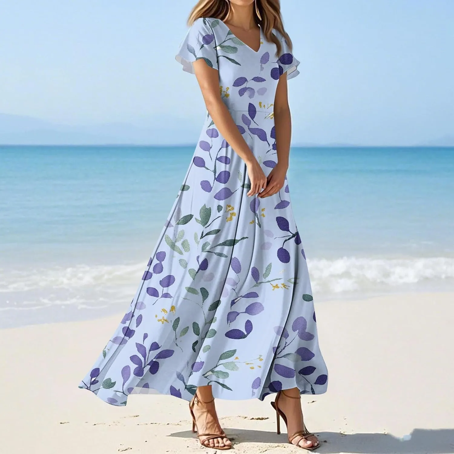 JJHAEVDY Summer Dresses for Women Loose Short Sleeve Dress V Neck Casual Maxi Dress Print Flowy Swing Beach Vacation Dress