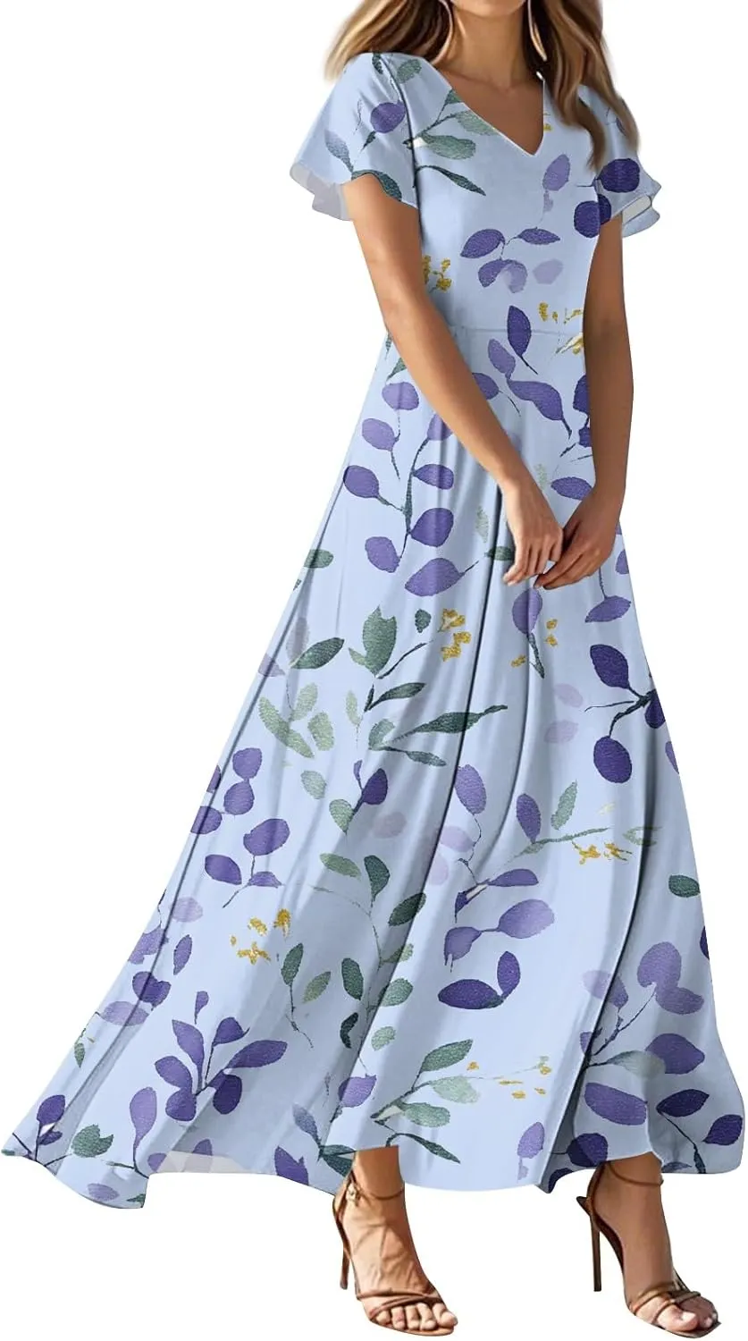 JJHAEVDY Summer Dresses for Women Loose Short Sleeve Dress V Neck Casual Maxi Dress Print Flowy Swing Beach Vacation Dress