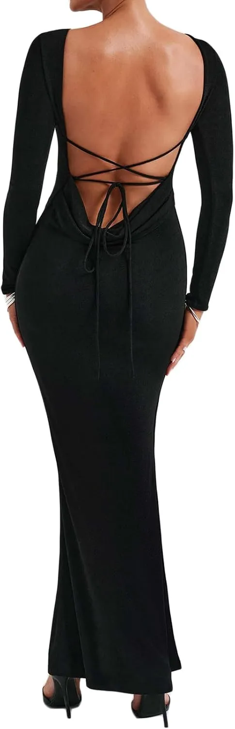 lisenraIn Long Sleeve Maxi Dress for Women Sexy Backless Long Dress Evening Party Wedding Guest Back Ruched Bodycon Dress