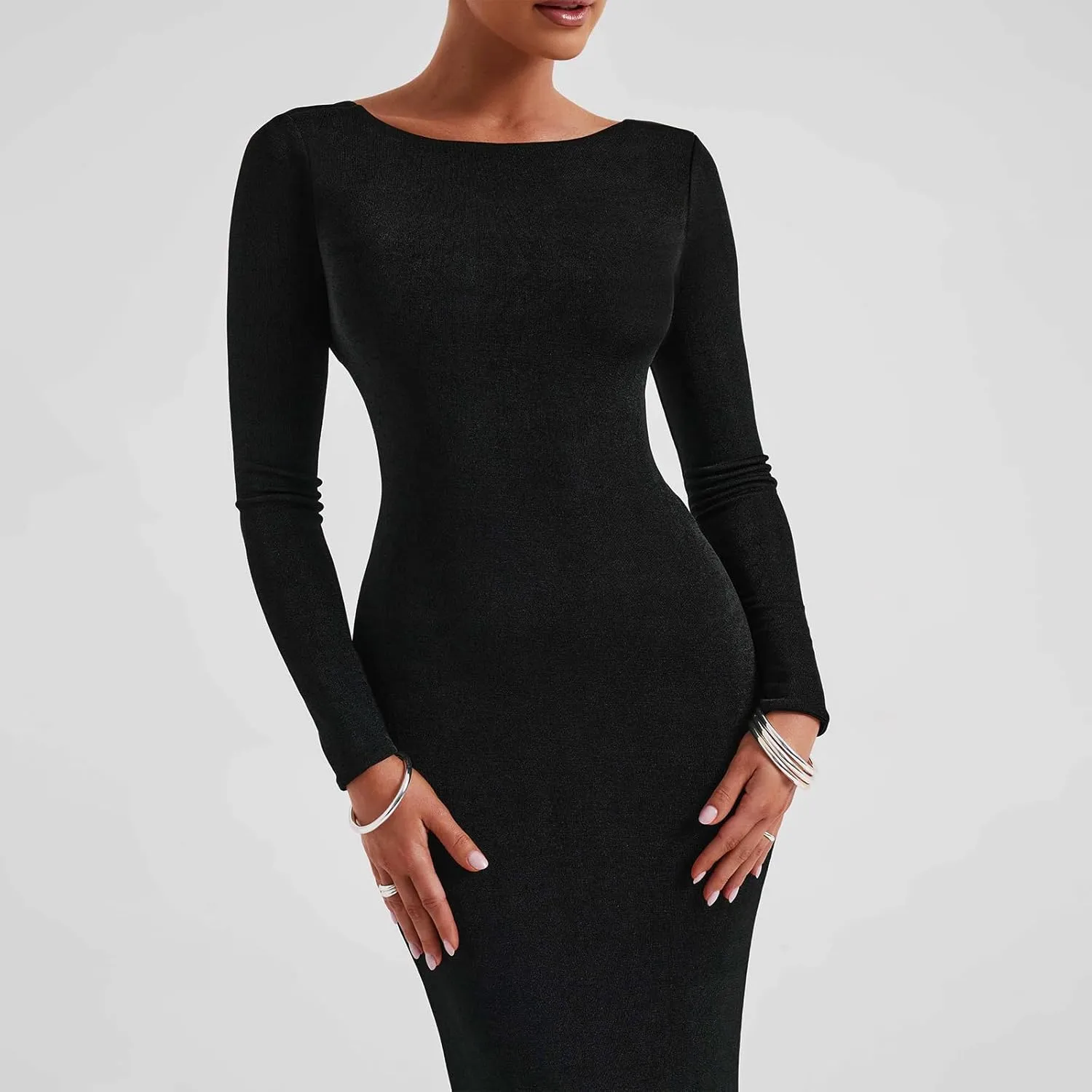 lisenraIn Long Sleeve Maxi Dress for Women Sexy Backless Long Dress Evening Party Wedding Guest Back Ruched Bodycon Dress