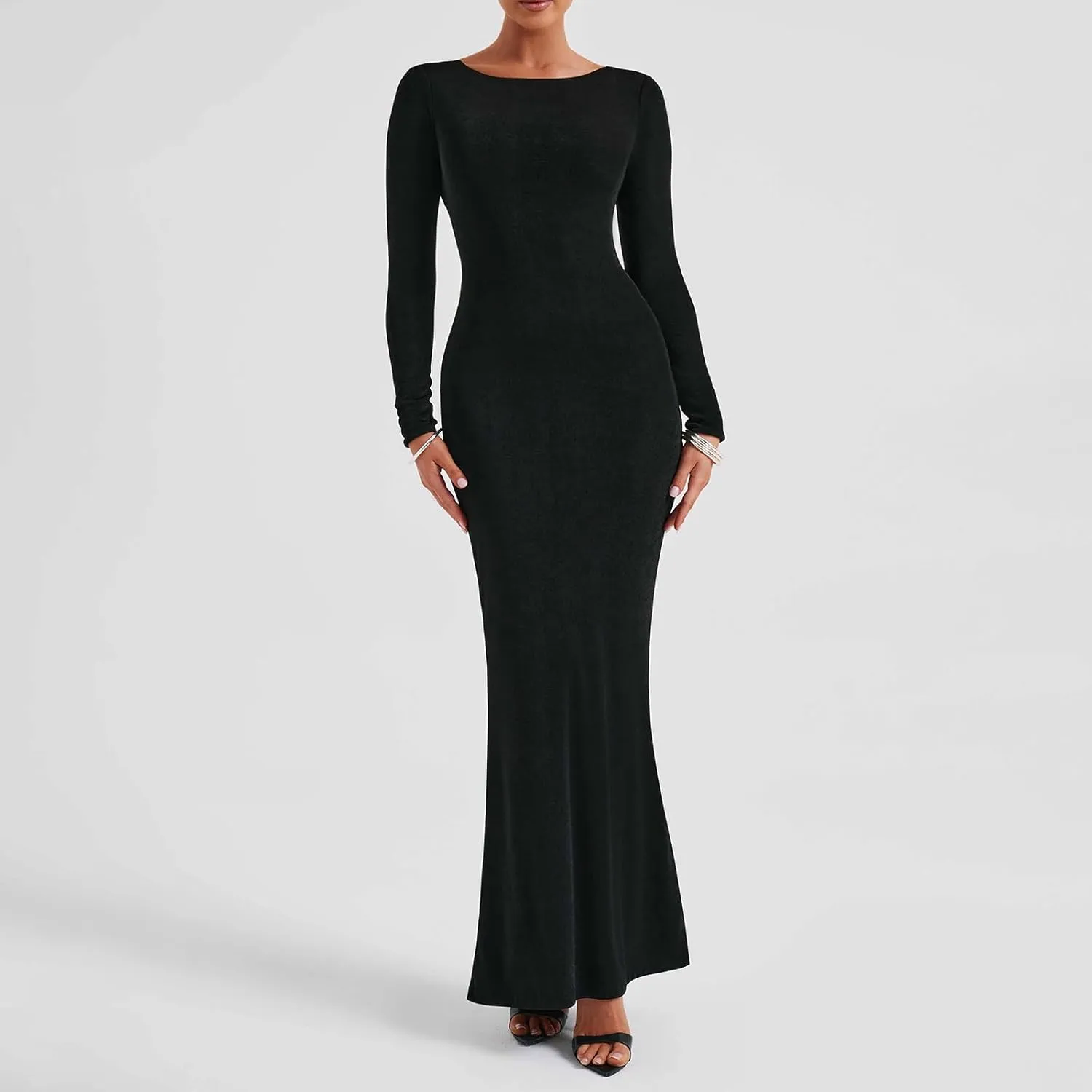 lisenraIn Long Sleeve Maxi Dress for Women Sexy Backless Long Dress Evening Party Wedding Guest Back Ruched Bodycon Dress