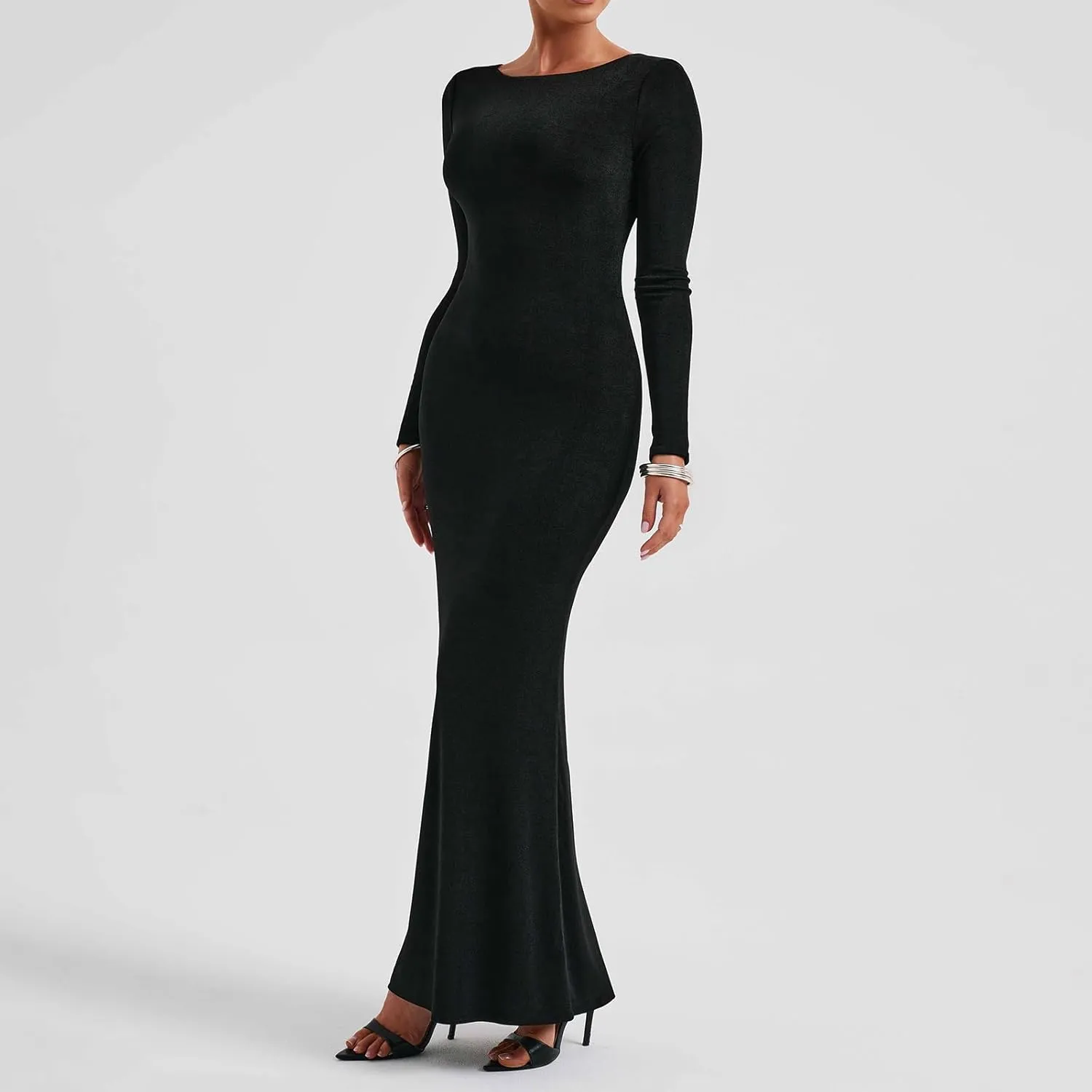 lisenraIn Long Sleeve Maxi Dress for Women Sexy Backless Long Dress Evening Party Wedding Guest Back Ruched Bodycon Dress