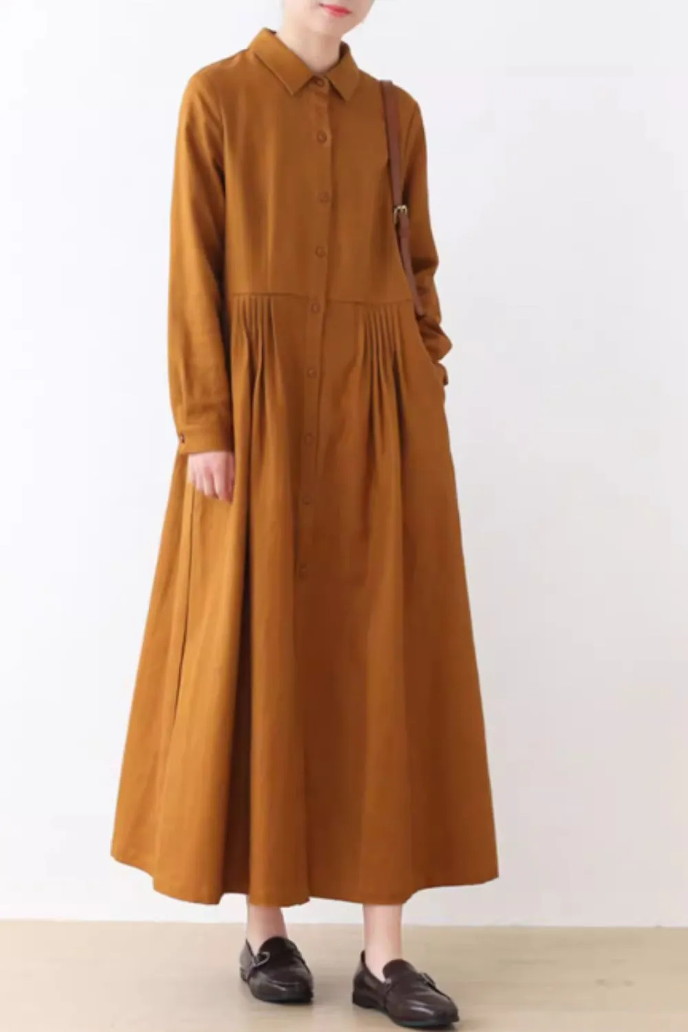 Long sleeves spring linen shirt dress women 4829