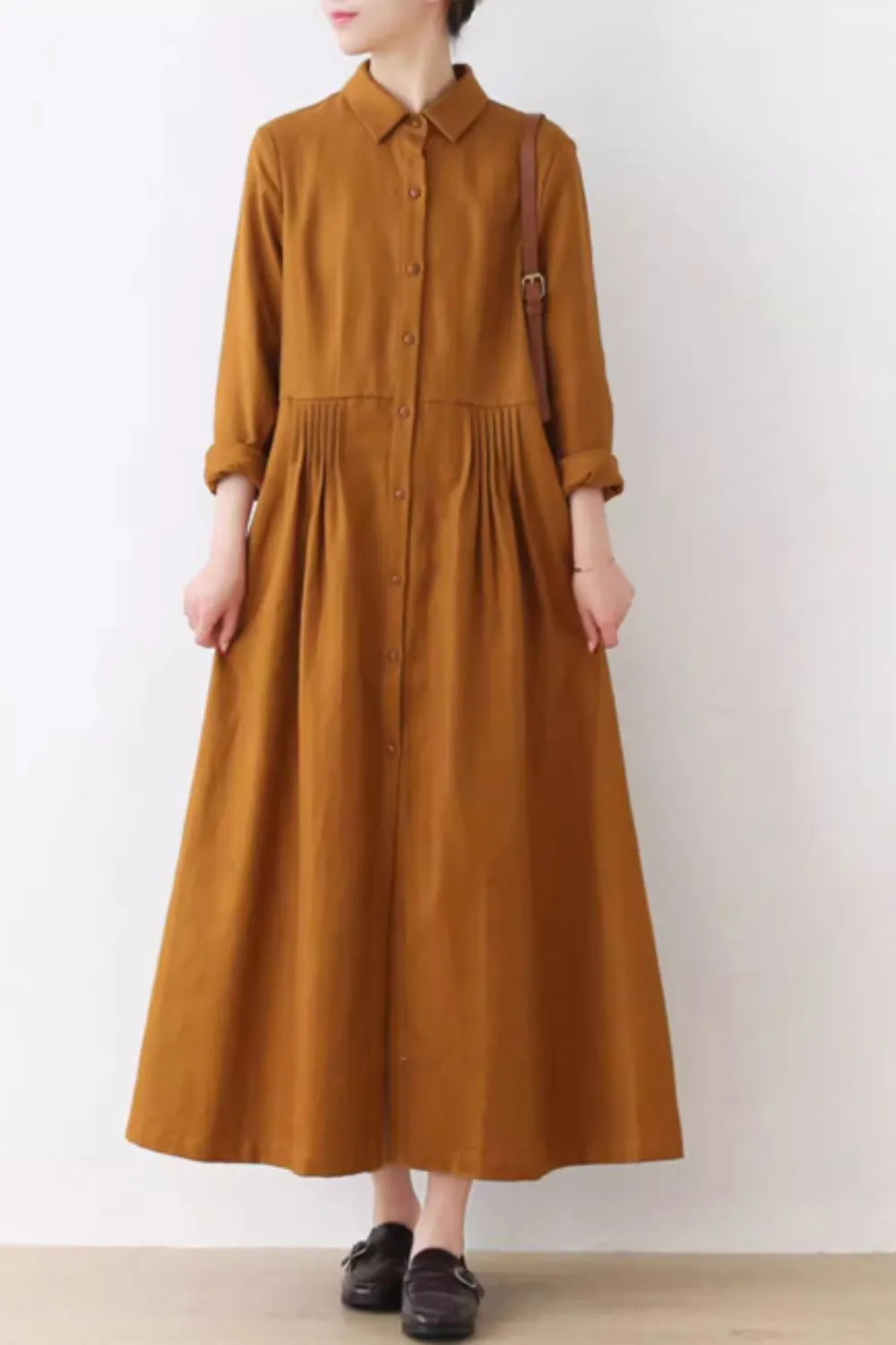 Long sleeves spring linen shirt dress women 4829