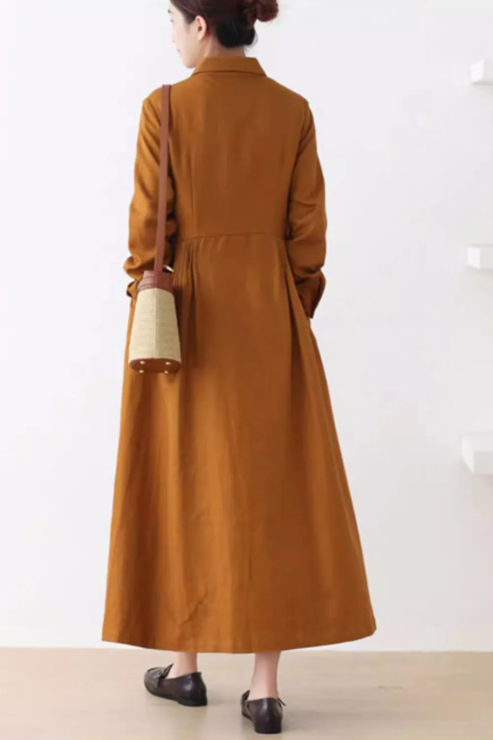 Long sleeves spring linen shirt dress women 4829