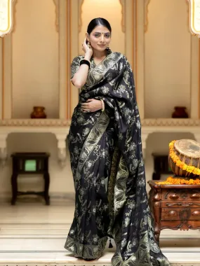 Luxuriant Black Soft Silk Saree With Angelic Blouse Piece