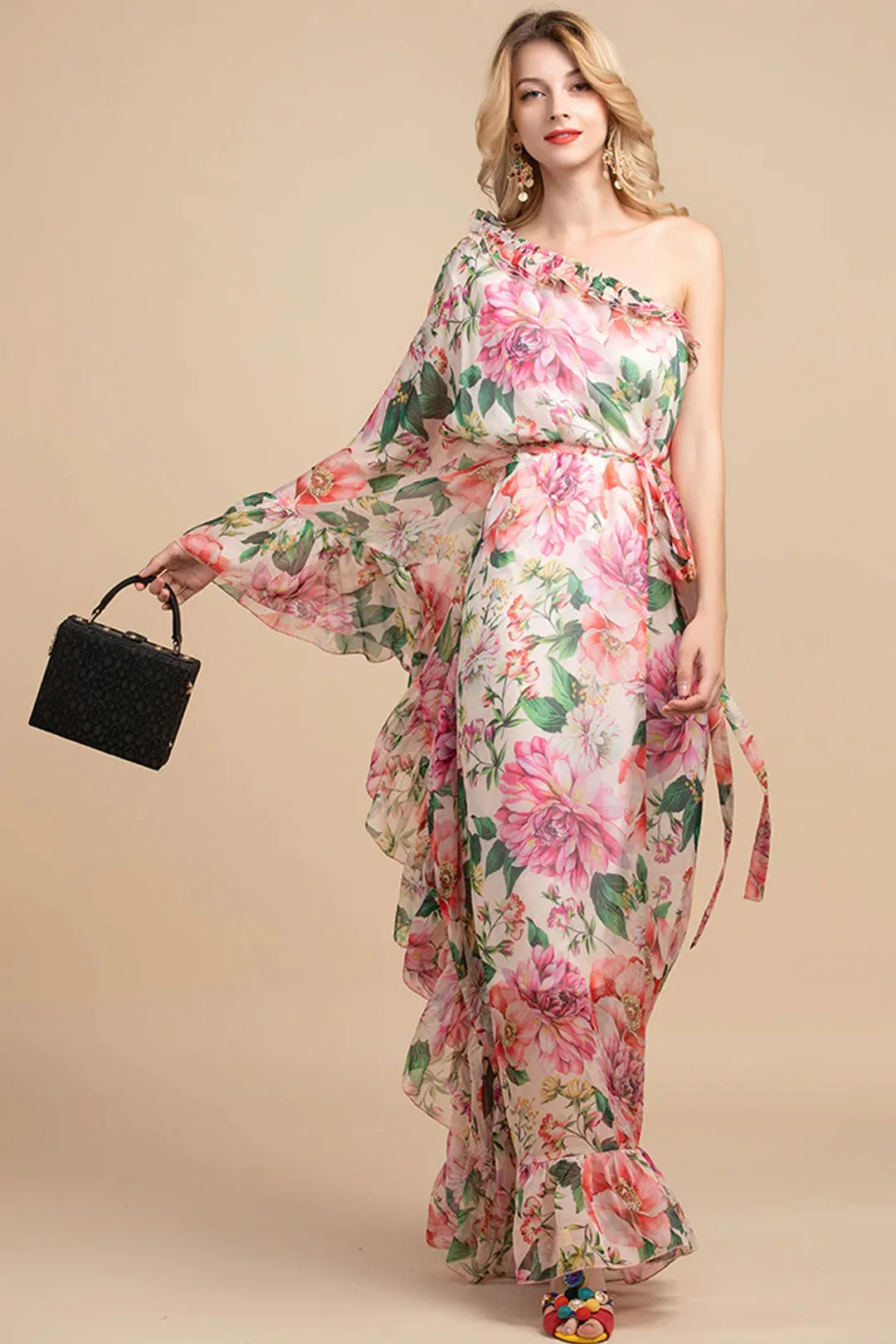 Maxi Dress, Boho Vintage Party Dress, One Shoulder Ruffle Gown, Pink Daisy Rose