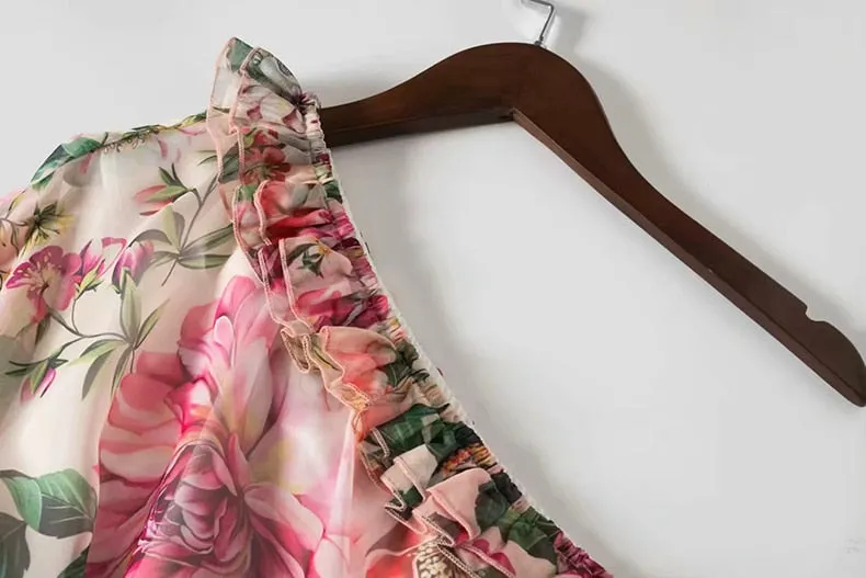 Maxi Dress, Boho Vintage Party Dress, One Shoulder Ruffle Gown, Pink Daisy Rose