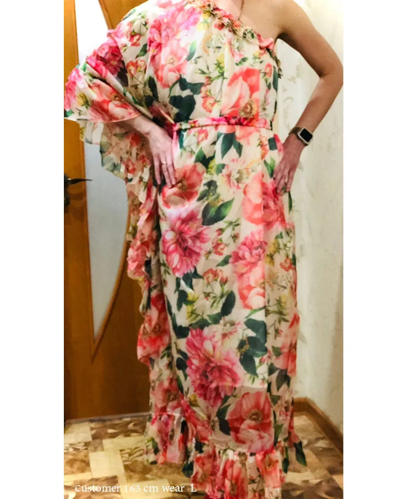 Maxi Dress, Boho Vintage Party Dress, One Shoulder Ruffle Gown, Pink Daisy Rose