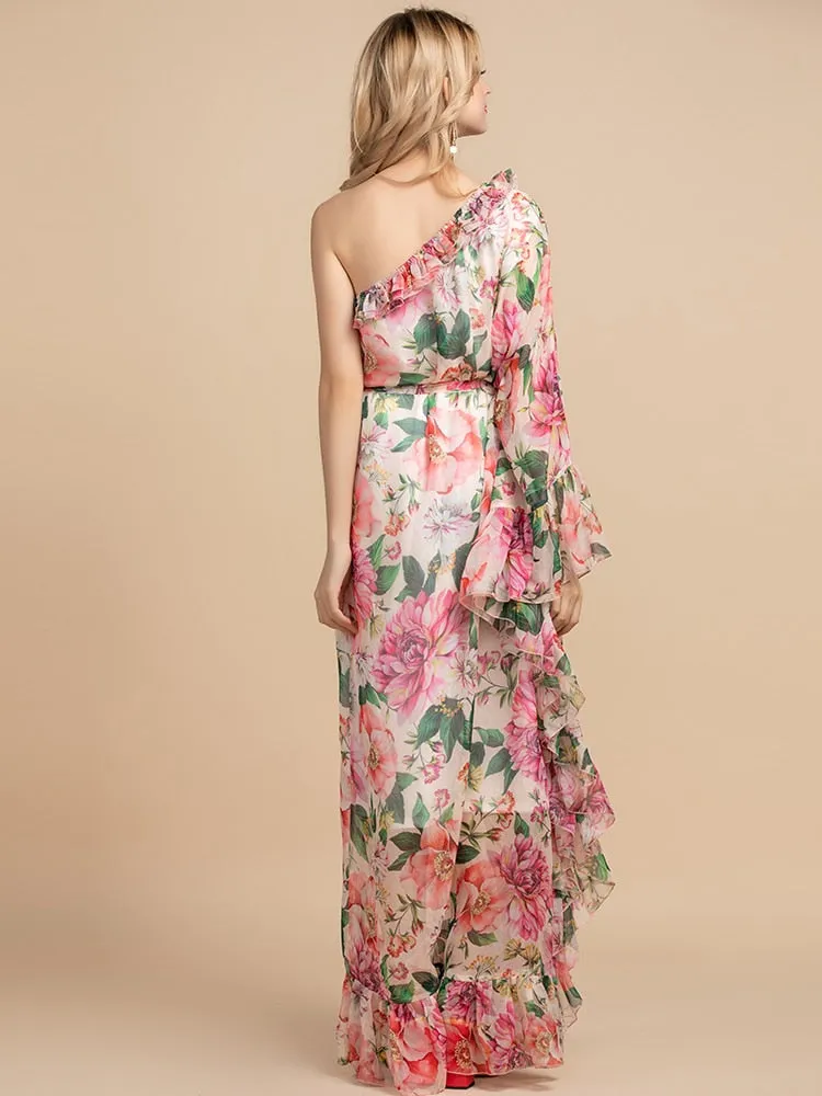 Maxi Dress, Boho Vintage Party Dress, One Shoulder Ruffle Gown, Pink Daisy Rose