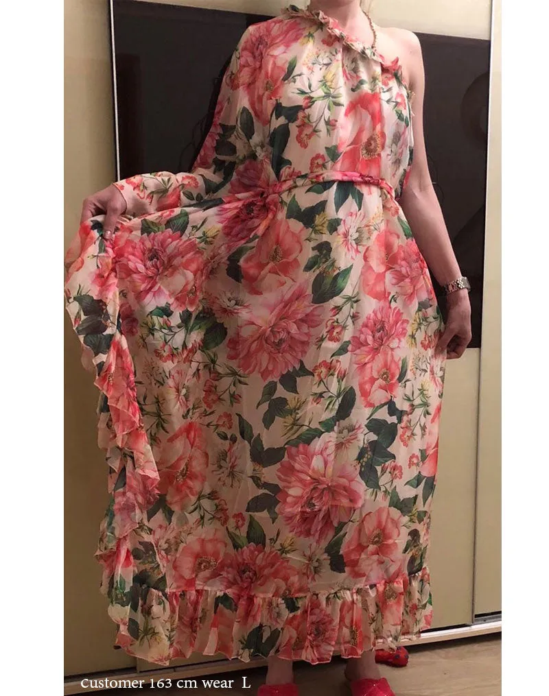 Maxi Dress, Boho Vintage Party Dress, One Shoulder Ruffle Gown, Pink Daisy Rose