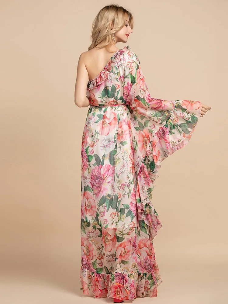 Maxi Dress, Boho Vintage Party Dress, One Shoulder Ruffle Gown, Pink Daisy Rose
