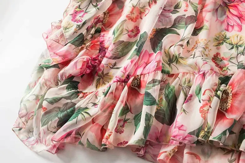 Maxi Dress, Boho Vintage Party Dress, One Shoulder Ruffle Gown, Pink Daisy Rose