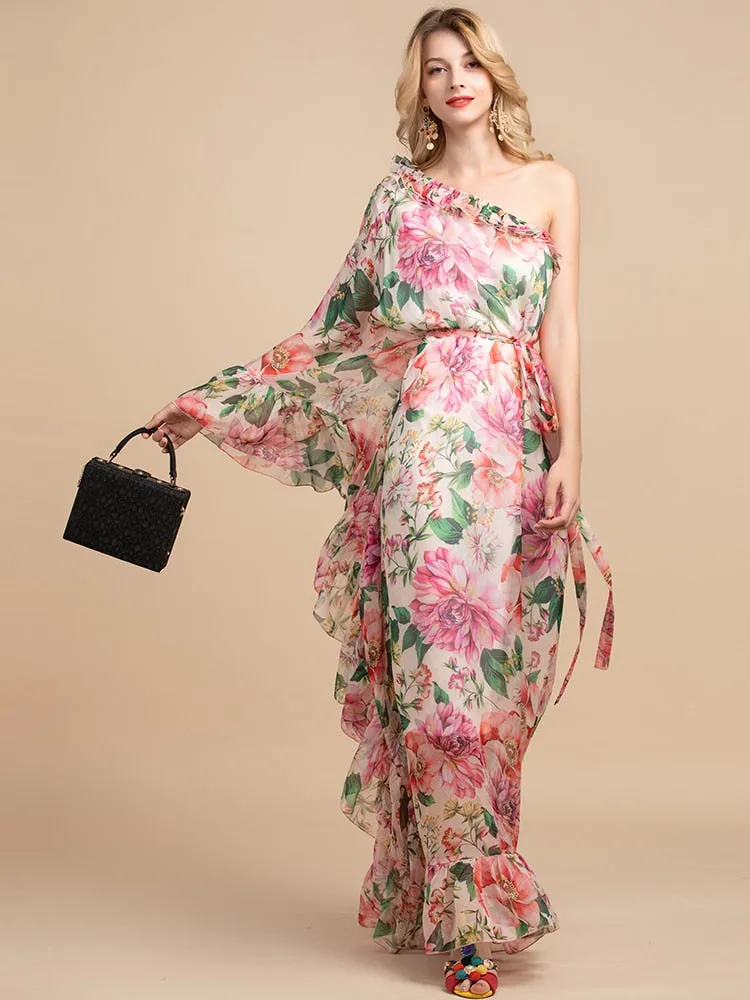 Maxi Dress, Boho Vintage Party Dress, One Shoulder Ruffle Gown, Pink Daisy Rose