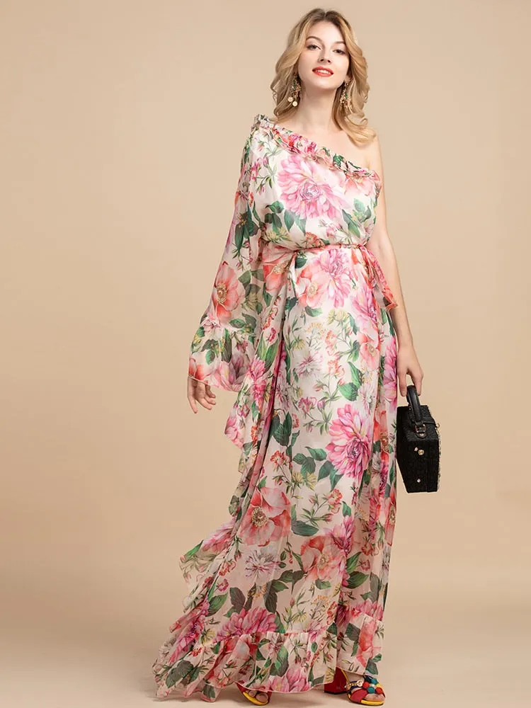 Maxi Dress, Boho Vintage Party Dress, One Shoulder Ruffle Gown, Pink Daisy Rose