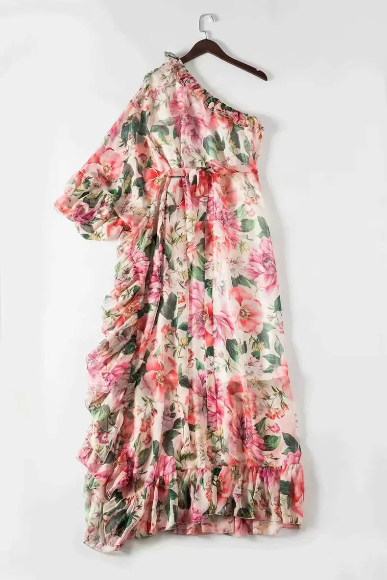 Maxi Dress, Boho Vintage Party Dress, One Shoulder Ruffle Gown, Pink Daisy Rose