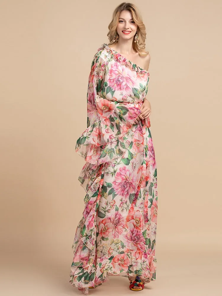 Maxi Dress, Boho Vintage Party Dress, One Shoulder Ruffle Gown, Pink Daisy Rose