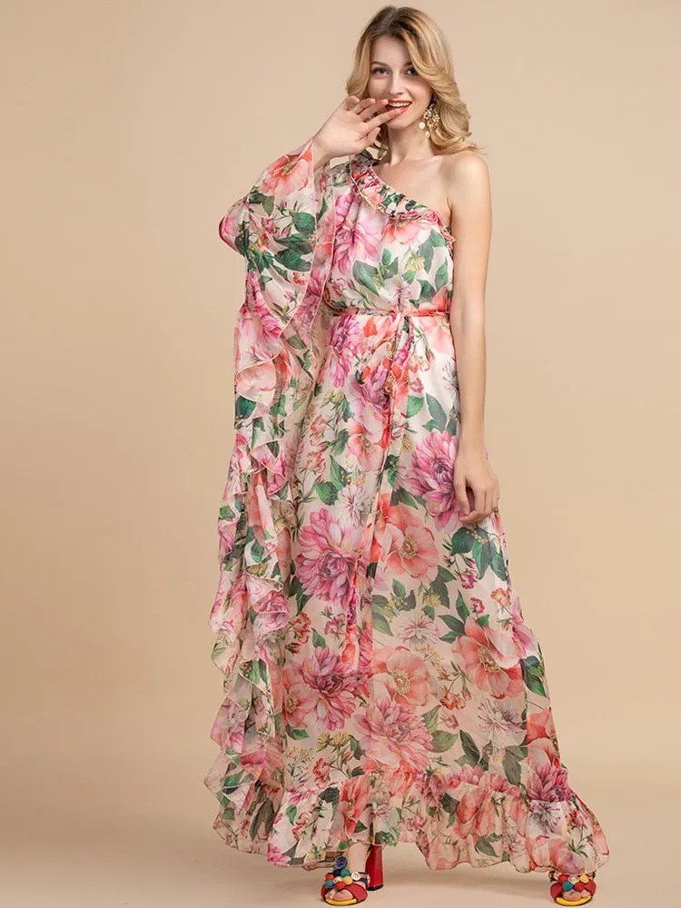 Maxi Dress, Boho Vintage Party Dress, One Shoulder Ruffle Gown, Pink Daisy Rose
