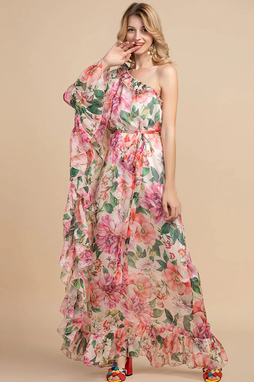 Maxi Dress, Boho Vintage Party Dress, One Shoulder Ruffle Gown, Pink Daisy Rose
