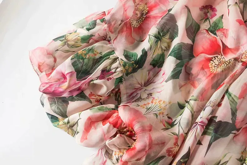 Maxi Dress, Boho Vintage Party Dress, One Shoulder Ruffle Gown, Pink Daisy Rose