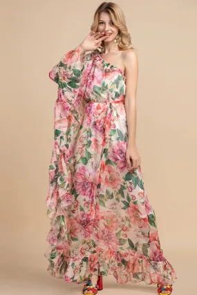 Maxi Dress, Boho Vintage Party Dress, One Shoulder Ruffle Gown, Pink Daisy Rose