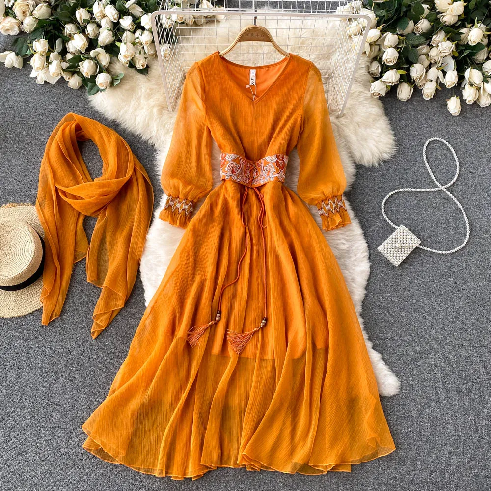 Maxi Dress with Matching Scarf, Boho Vintage Dress, Gown, Sahara in Gold