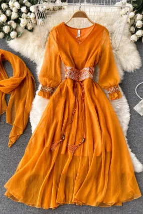 Maxi Dress with Matching Scarf, Boho Vintage Dress, Gown, Sahara in Gold