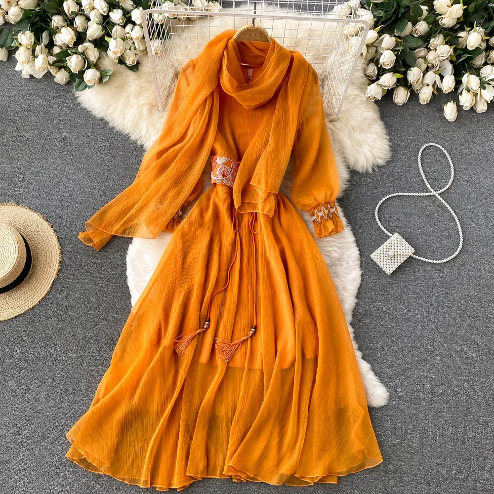 Maxi Dress with Matching Scarf, Boho Vintage Dress, Gown, Sahara in Gold