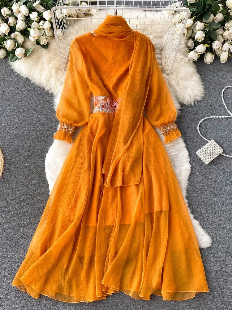 Maxi Dress with Matching Scarf, Boho Vintage Dress, Gown, Sahara in Gold