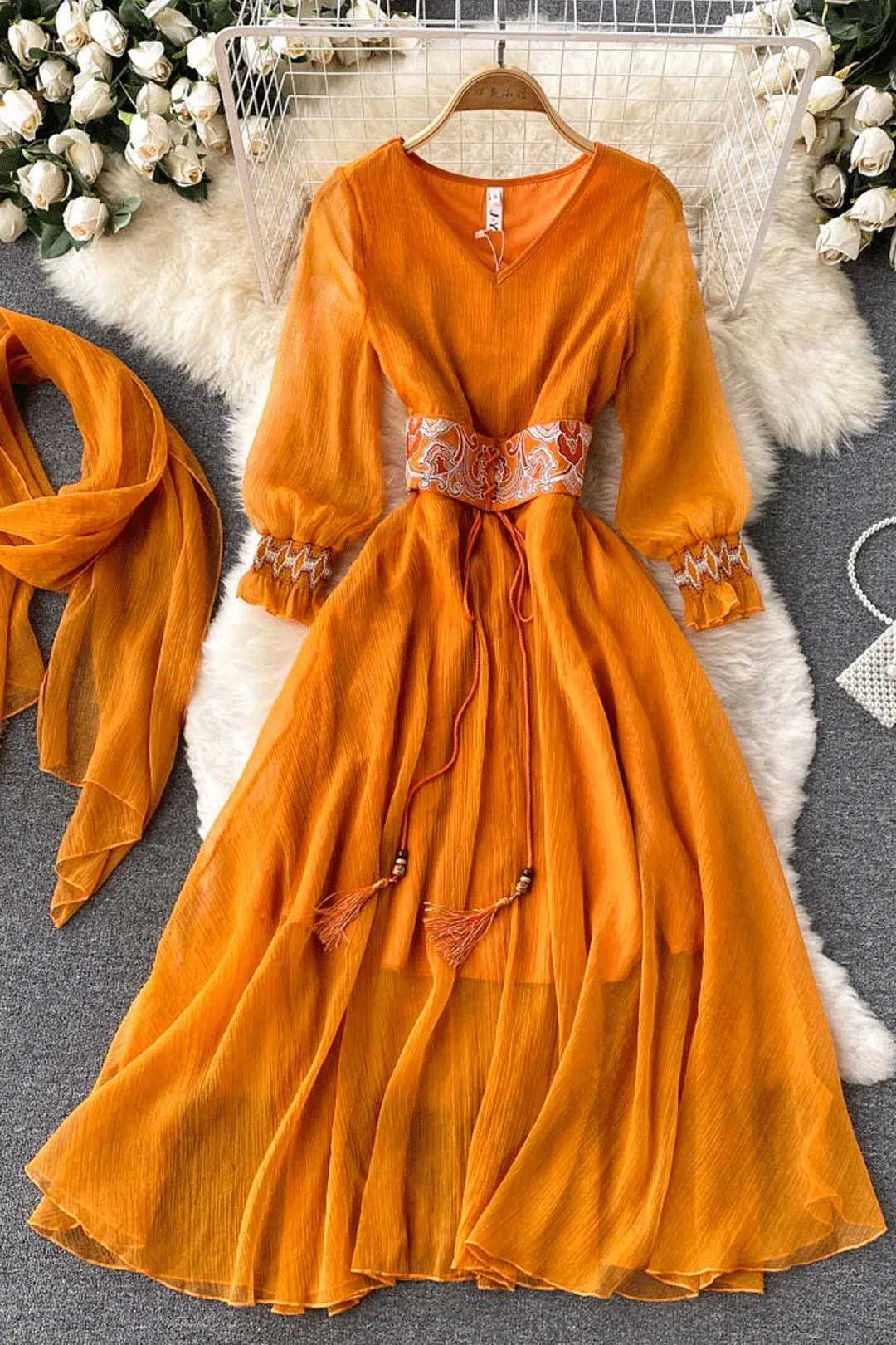 Maxi Dress with Matching Scarf, Boho Vintage Dress, Gown, Sahara in Gold
