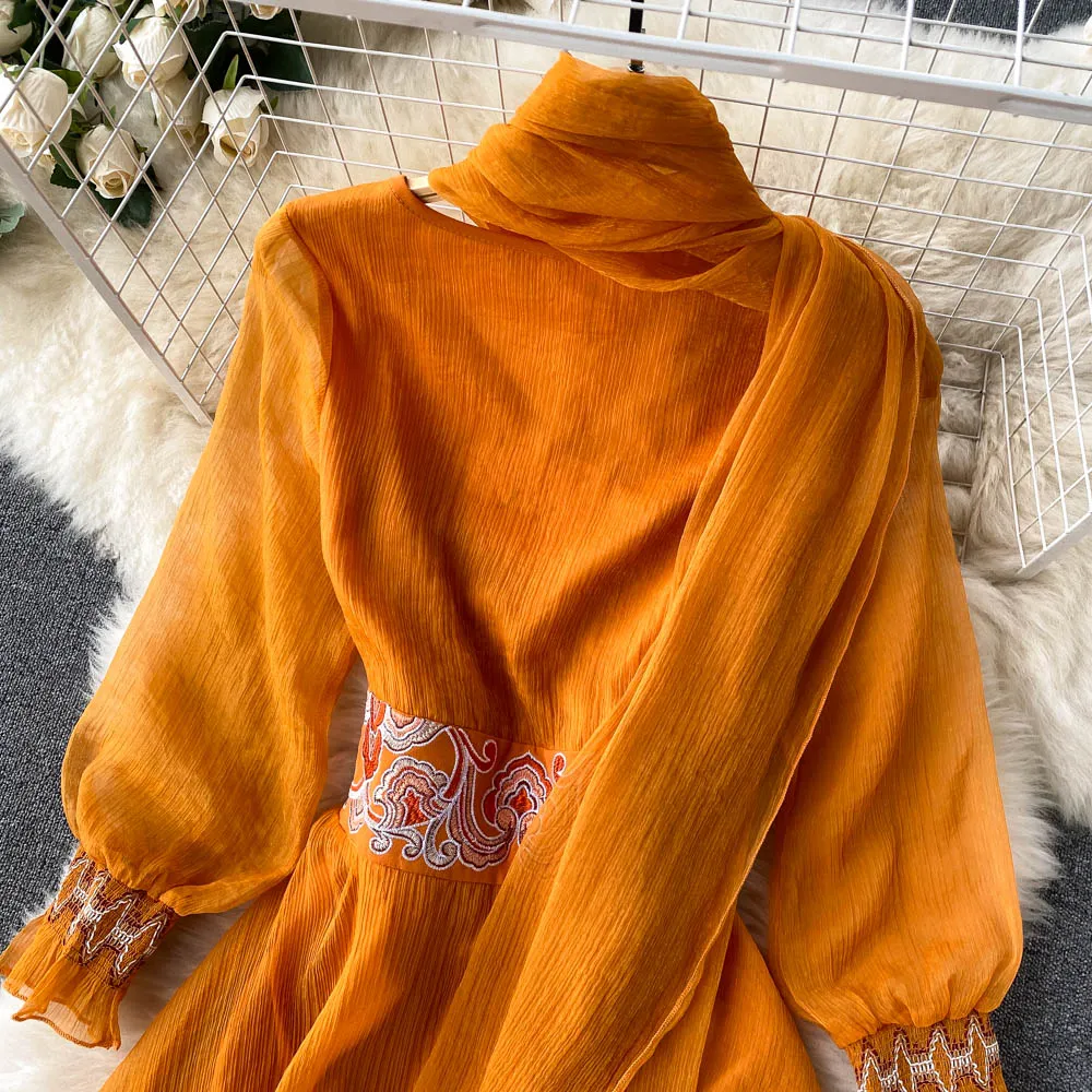 Maxi Dress with Matching Scarf, Boho Vintage Dress, Gown, Sahara in Gold