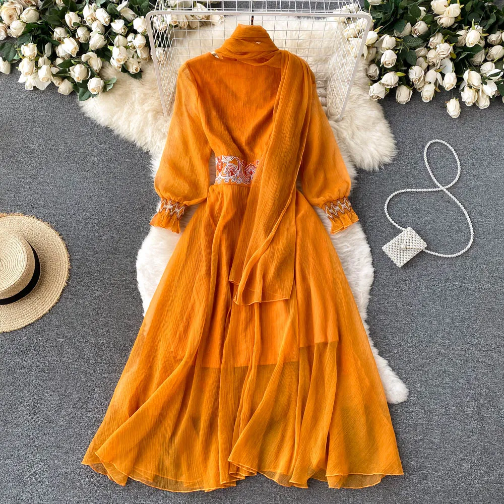 Maxi Dress with Matching Scarf, Boho Vintage Dress, Gown, Sahara in Gold