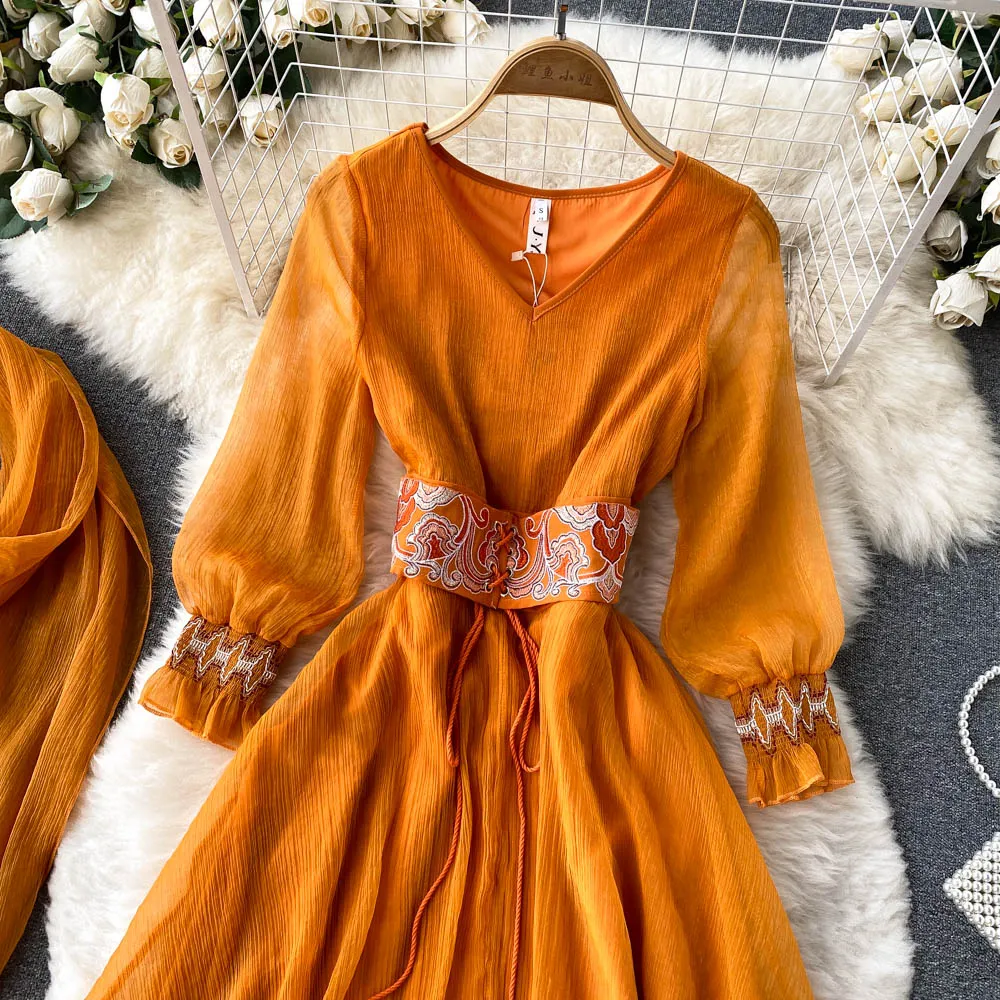 Maxi Dress with Matching Scarf, Boho Vintage Dress, Gown, Sahara in Gold