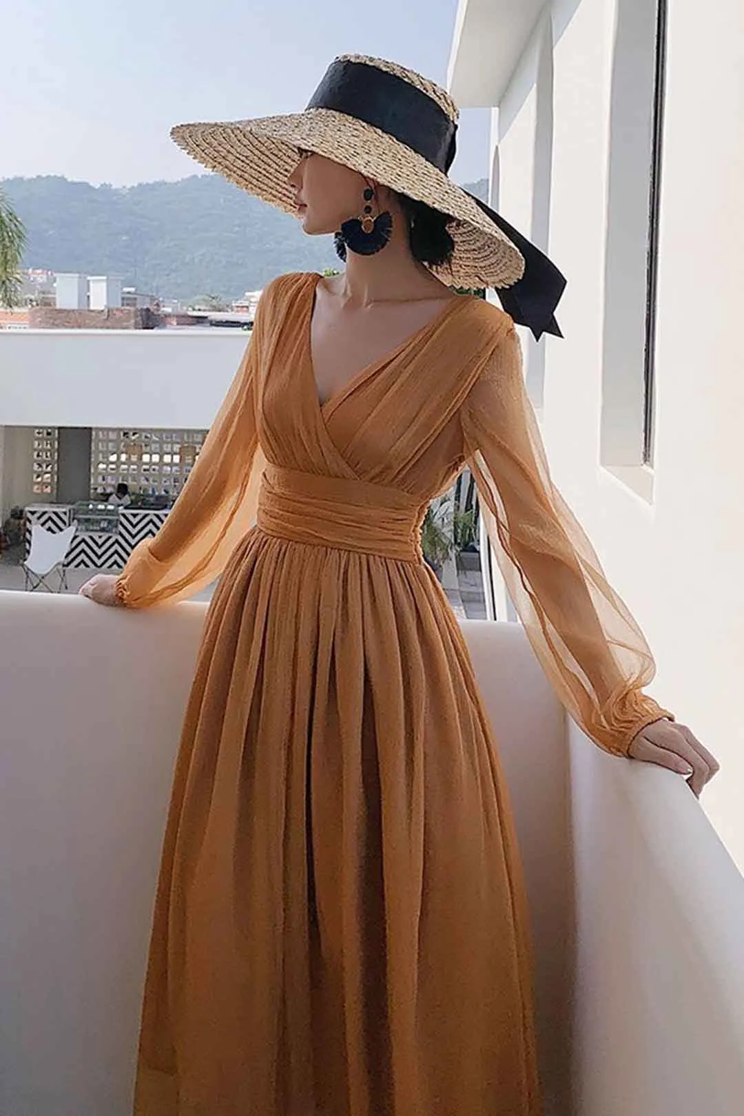 Maxi Dress with Matching Scarf, Boho Vintage Dress, Gown, Sahara in Gold