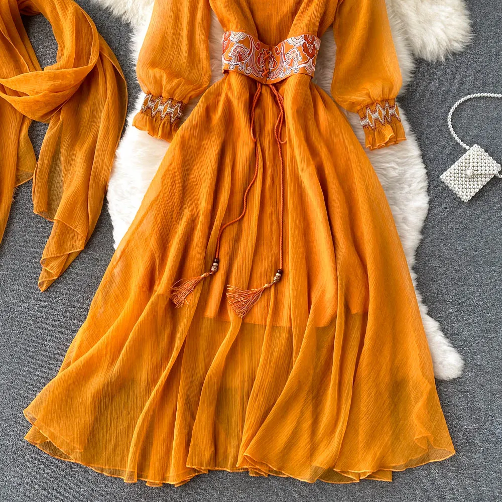 Maxi Dress with Matching Scarf, Boho Vintage Dress, Gown, Sahara in Gold