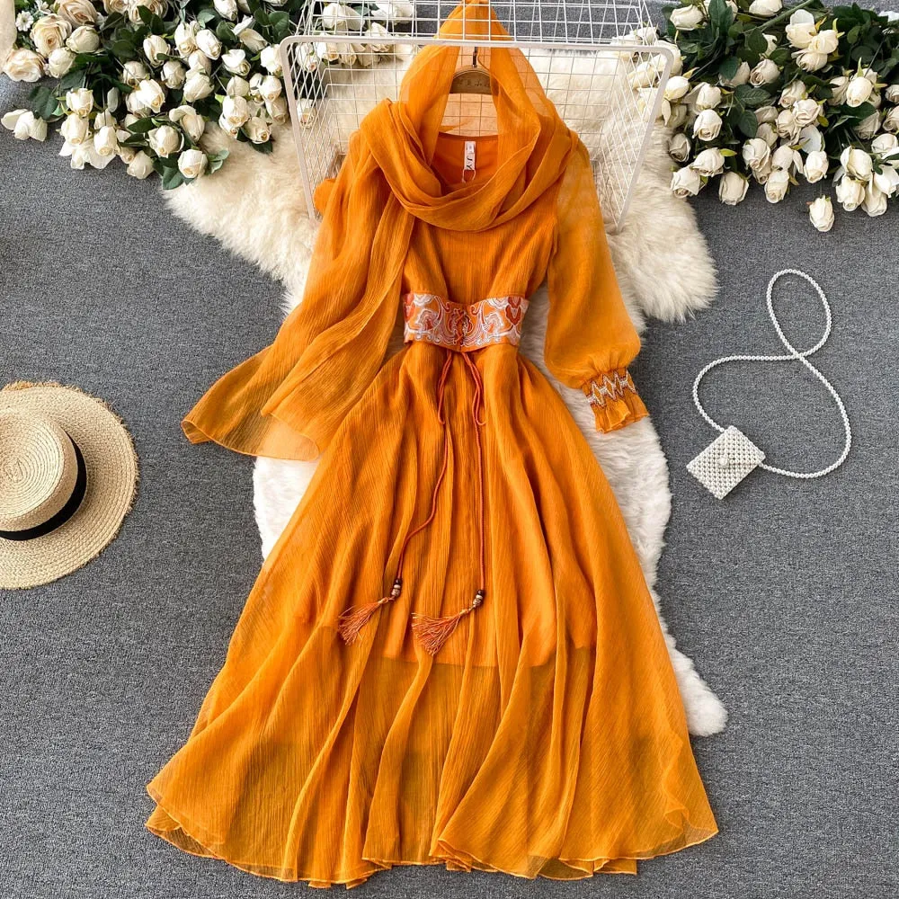 Maxi Dress with Matching Scarf, Boho Vintage Dress, Gown, Sahara in Gold